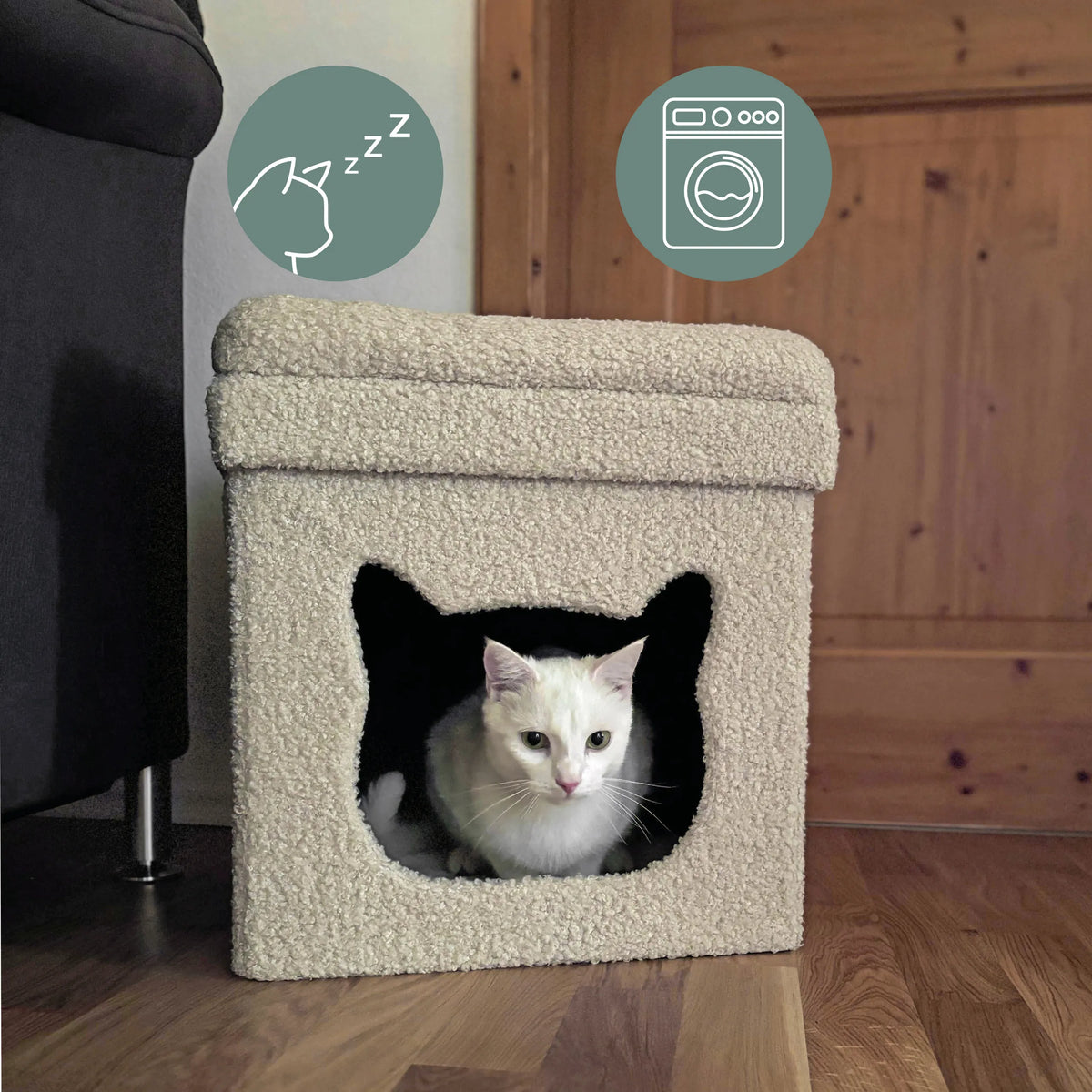 Casa para gatos PAWY ES beige con funda suave y un gato blanco en su interior de hjh LIVING