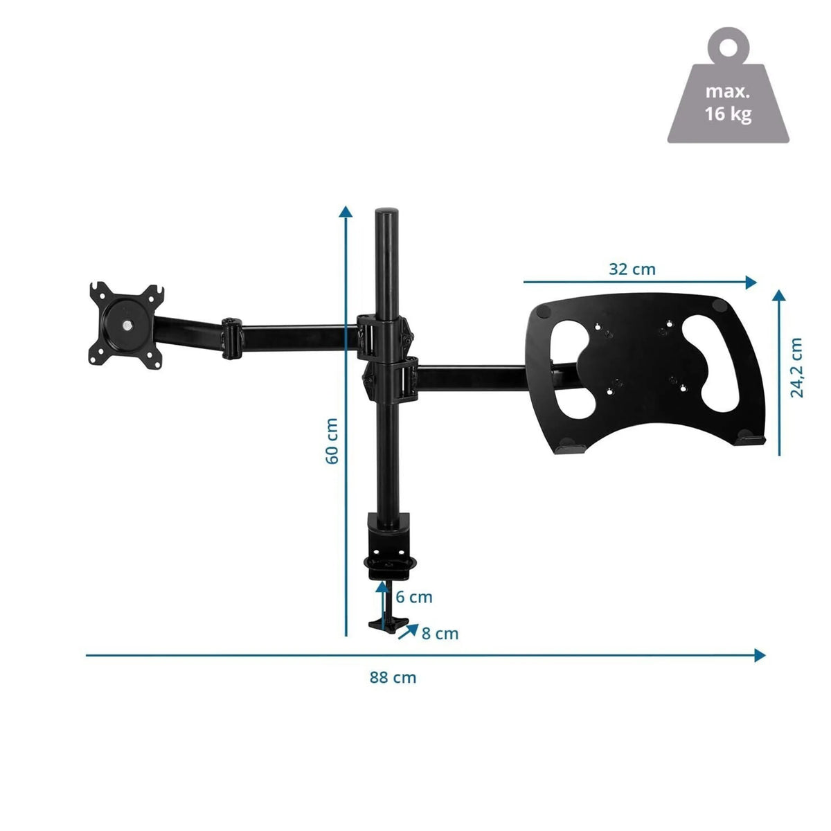 Dibujo técnico del Soporte de monitor VM-MH2 con un ancho total de 88 cm de hjh OFFICE
