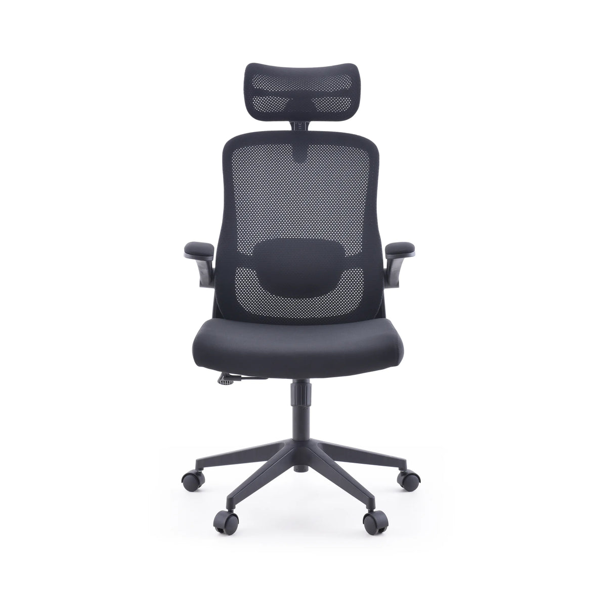 Silla Home Office Vertuflex negra con respaldo de malla y base de cinco ruedas de MyBuero – vista de 360° (vista frontal 0°)