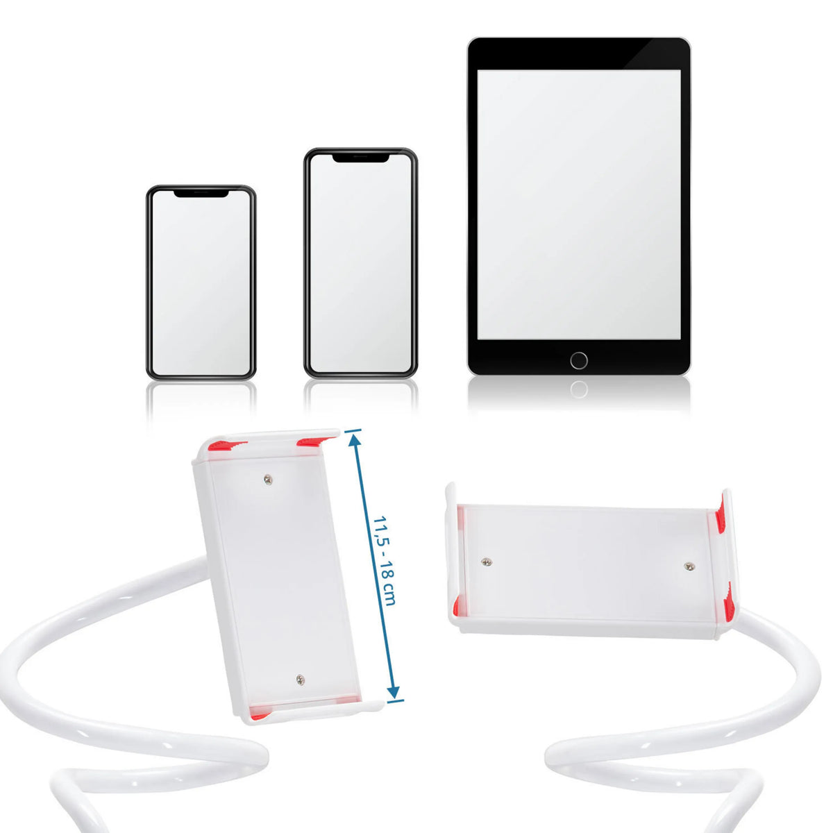 Soporte para teléfono móvil y tableta FLEXMOBI I en color blanco con una anchura de 11,5 - 18 cm de hjh OFFICE