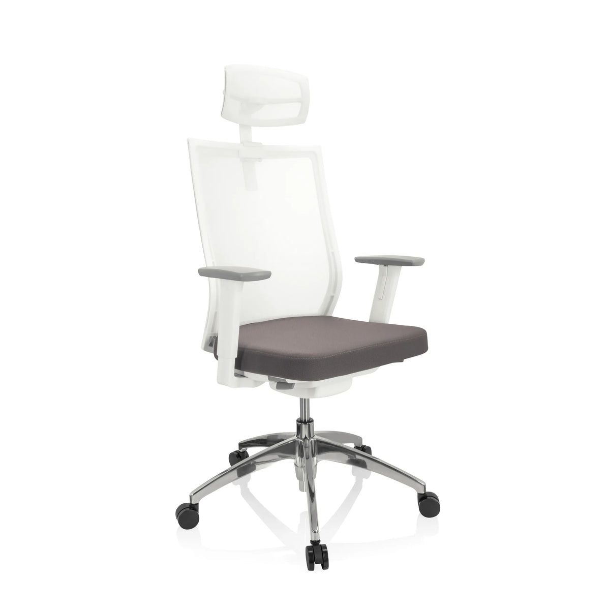 Silla de oficina profesional ASPEN WHITE PRO en gris y blanco con respaldo de malla, reposacabezas y base de cinco ruedas de hjh OFFICE – vista de 360° (vista frontal en diagonal 40°)