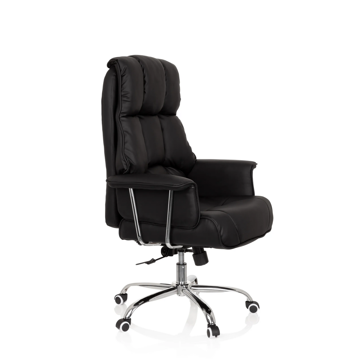Sillón de oficina profesional COMMANDER negro con tapicería acolchada y base de cinco ruedas de hjh OFFICE – vista de 360° (vista frontal en diagonal 60°)