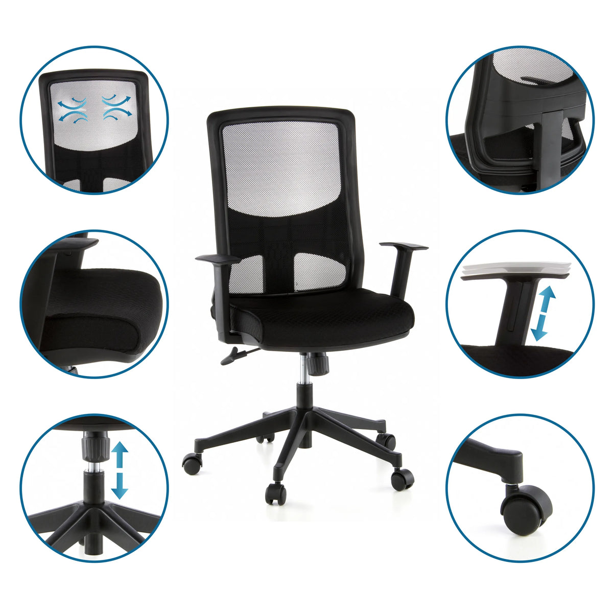 Silla de oficina profesional LAVITA en negro con respaldo de malla, reposabrazos ajustables y ruedas de hjh OFFICE