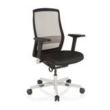 Schwarzer High-End-Bürostuhl FOUNTAINE mit Netzrücken und einem Fußkreuz mit fünf Rollen von hjh OFFICE – 360-Grad-Ansicht (schräge Frontansicht 40°)