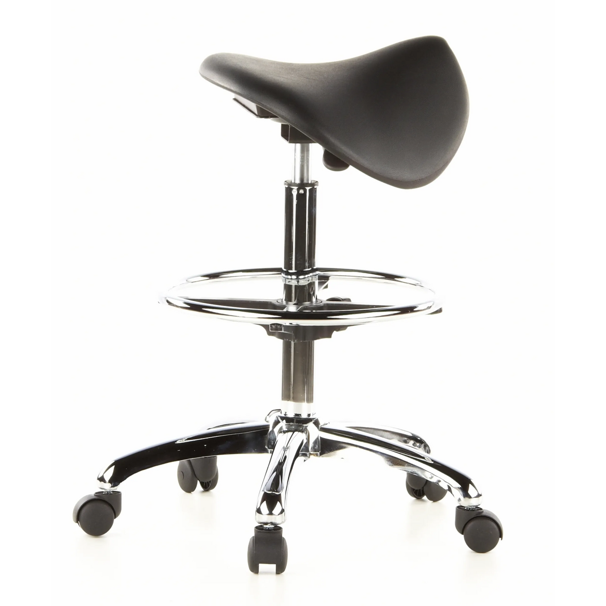Taburete de silla de montar TOP WORK 13 negro con aro reposapiés y base de cinco ruedas de hjh OFFICE – vista de 360° (vista lateral 100°)