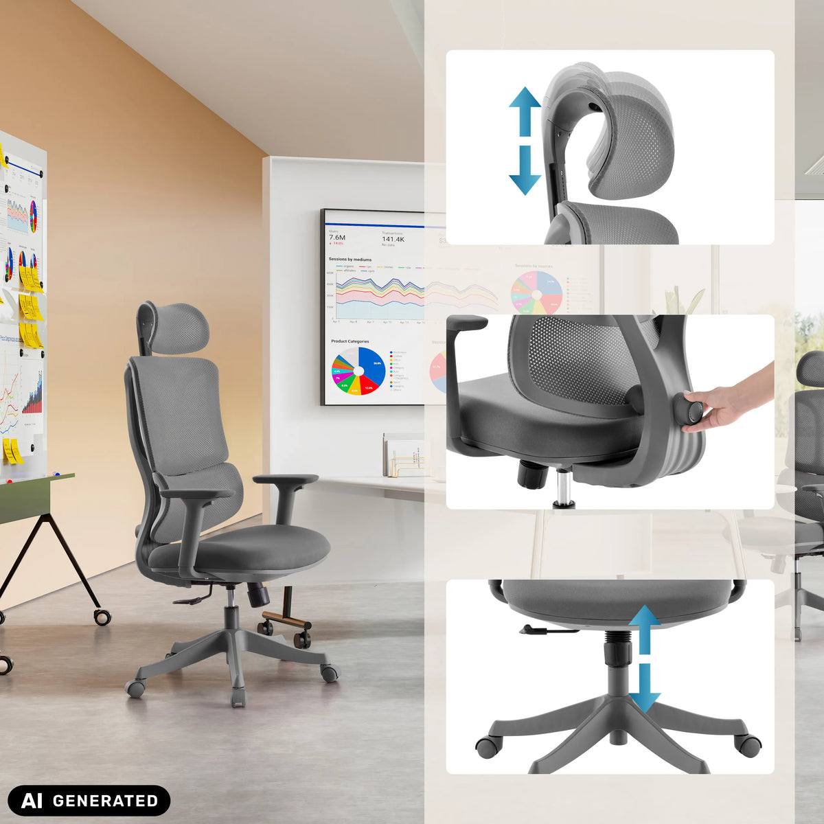 Reposacabezas, respaldo y altura del asiento ajustables de la Silla Home Office Ergomy Colore de MyBuero (imagen generada por IA)