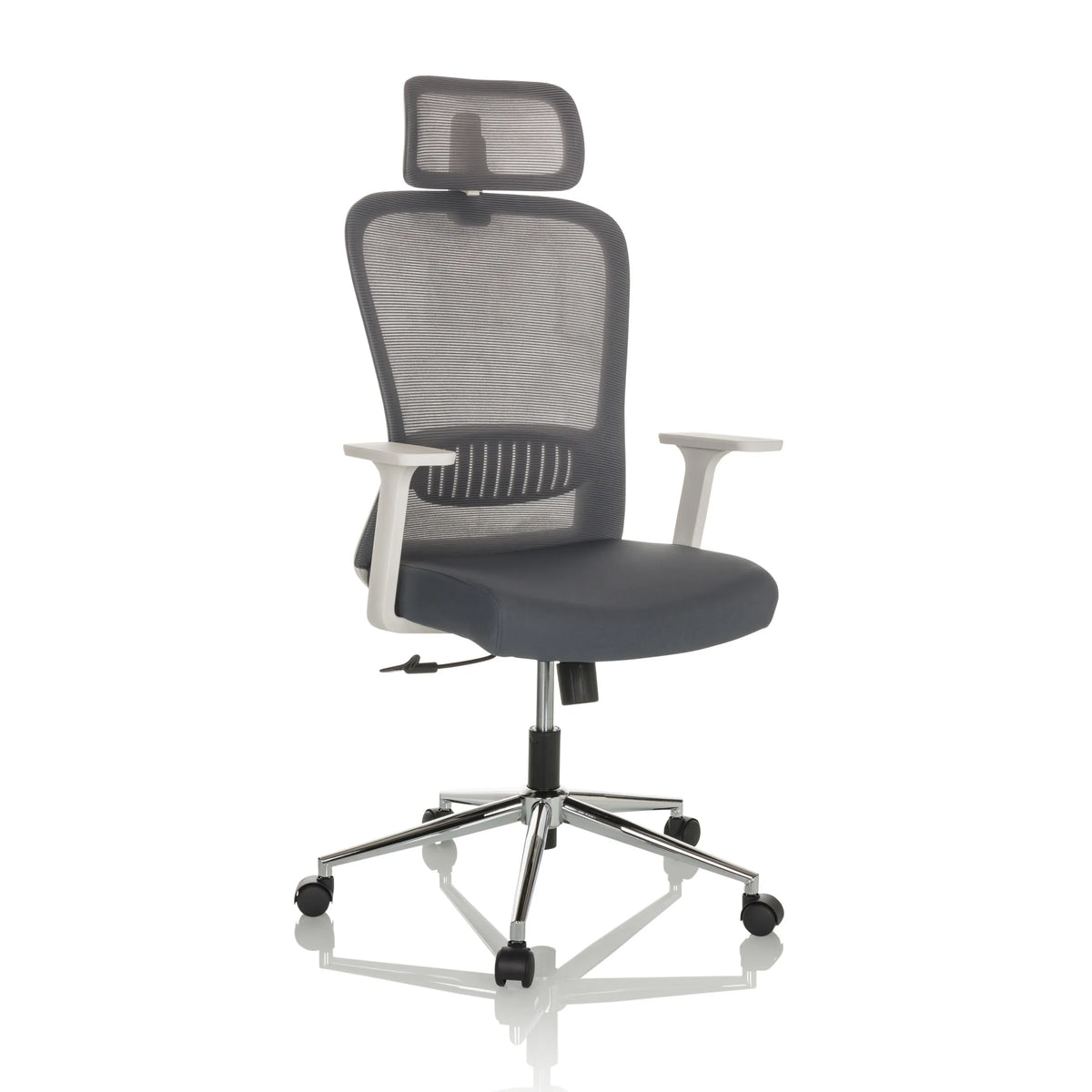 Silla Home Office BELAIA W gris con respaldo de malla, reposacabezas y base de cinco ruedas de hjh OFFICE – vista de 360° (vista frontal en diagonal 30°)