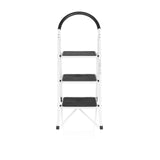 Escalera plegable blanca SOLID W2 con tres peldaños y un asa de seguridad de hjh OFFICE – vista de 360° (vista frontal 0°)
