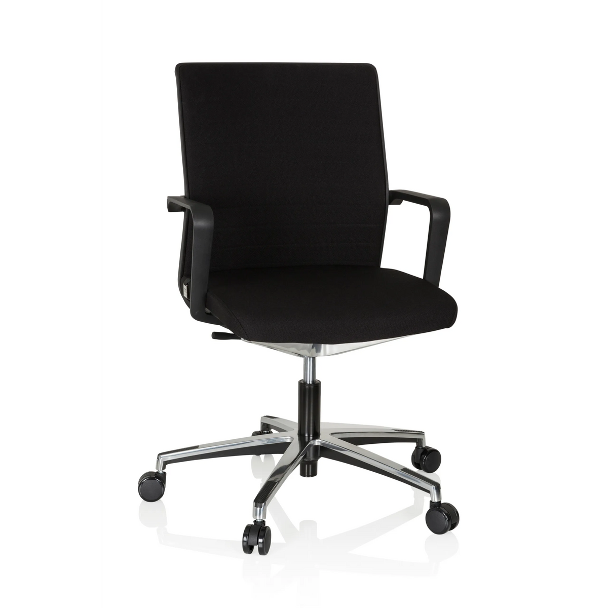 Silla de oficina profesional MOVE-TEC 3D negra con reposabrazos y base de cinco ruedas de hjh OFFICE – vista de 360° (vista frontal 20°)