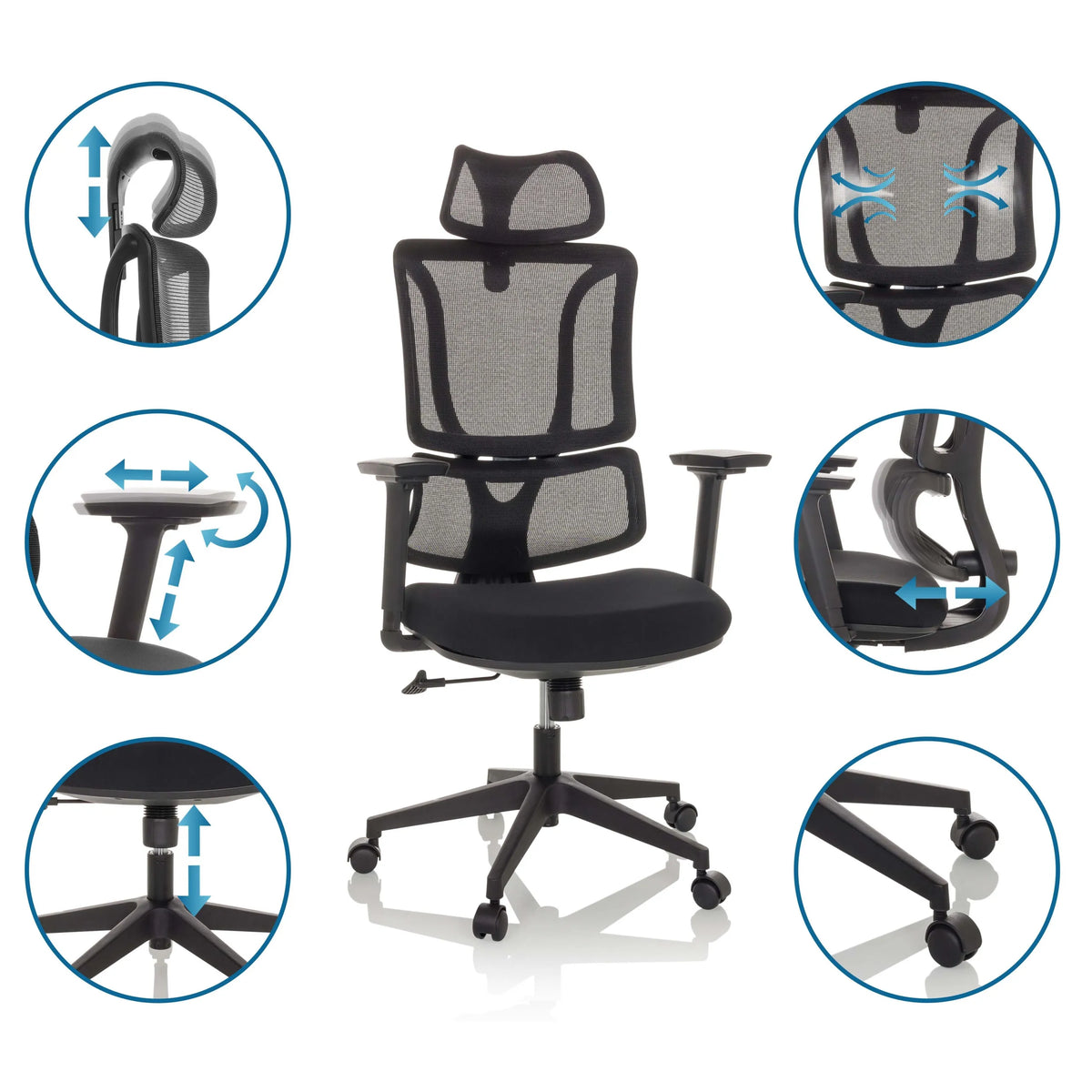 Silla Home Office ERGOMY en negro con diversas opciones de ajuste de MyBuero