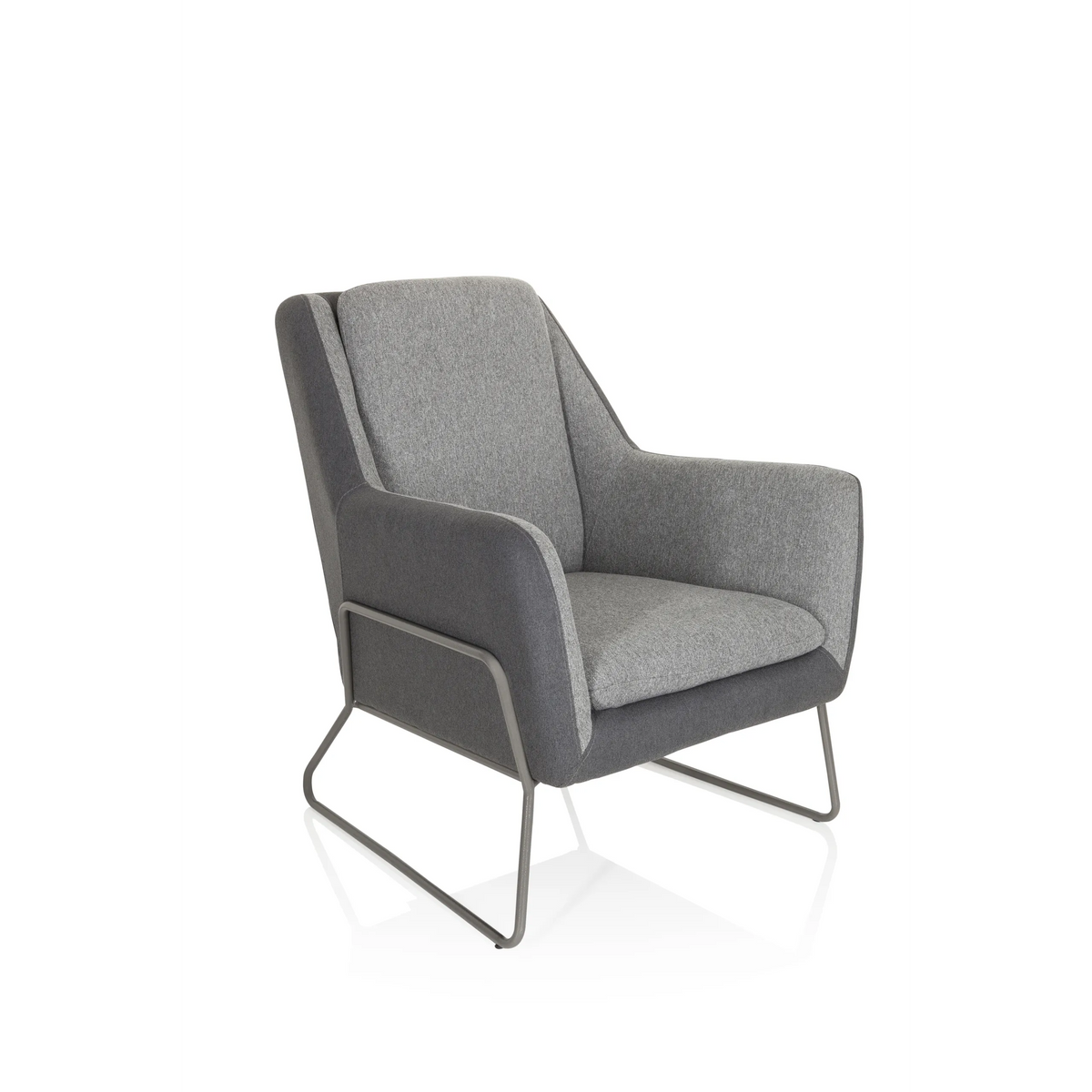 Sillón tapizada LAGUN en color gris claro con detalles en gris oscuro y patas de metal de hjh OFFICE – vista de 360° (vista frontal en diagonal 40°)