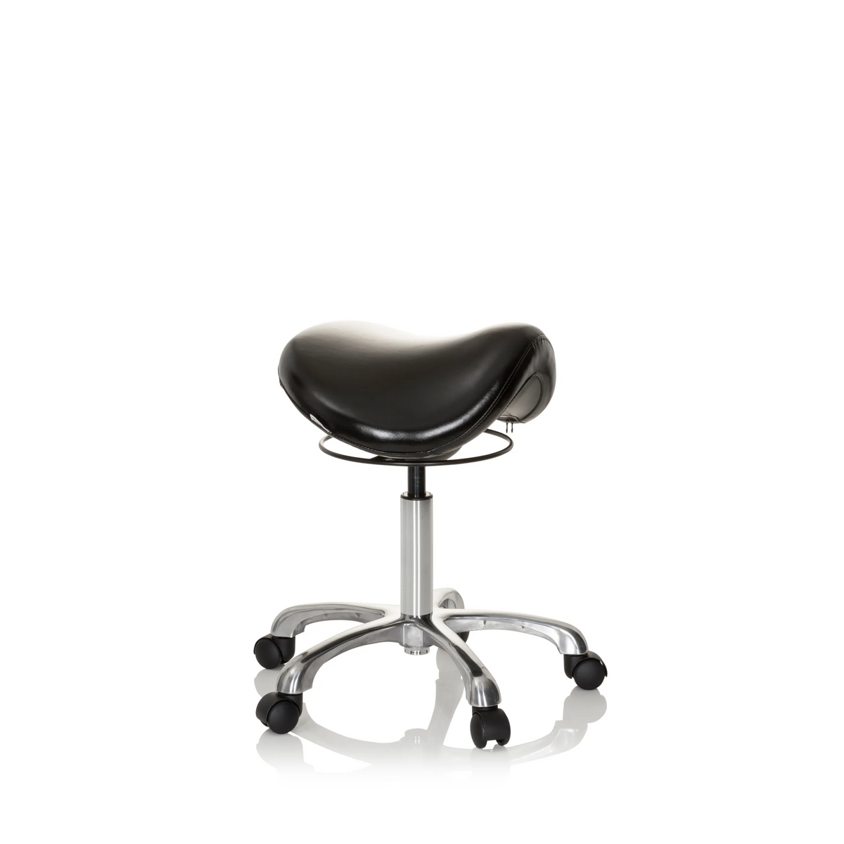 Taburete de silla de montar ORTHO SIT negro con cruceta para pies y cinco ruedas de hjh OFFICE – vista de 360° (vista frontal en diagonal 60°)