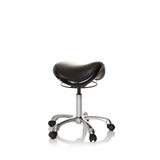 Taburete de silla de montar ORTHO SIT negro con cruceta para pies y cinco ruedas de hjh OFFICE – vista de 360° (vista frontal en diagonal 60°)