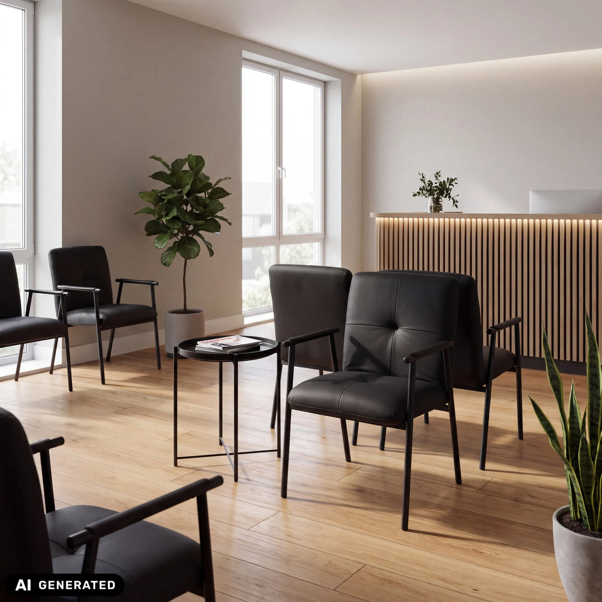 Sillas tapizadas Lifea Flex negras de cuero sintético con reposabrazos en una zona de espera de hjh LIVING (imagen generada por IA)