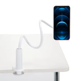 Soporte para teléfono móvil y tableta FLEXMOBI I blanco con cuello de cisne flexible y fijación a mesa de hjh OFFICE – vista de 360° (vista frontal 0°)