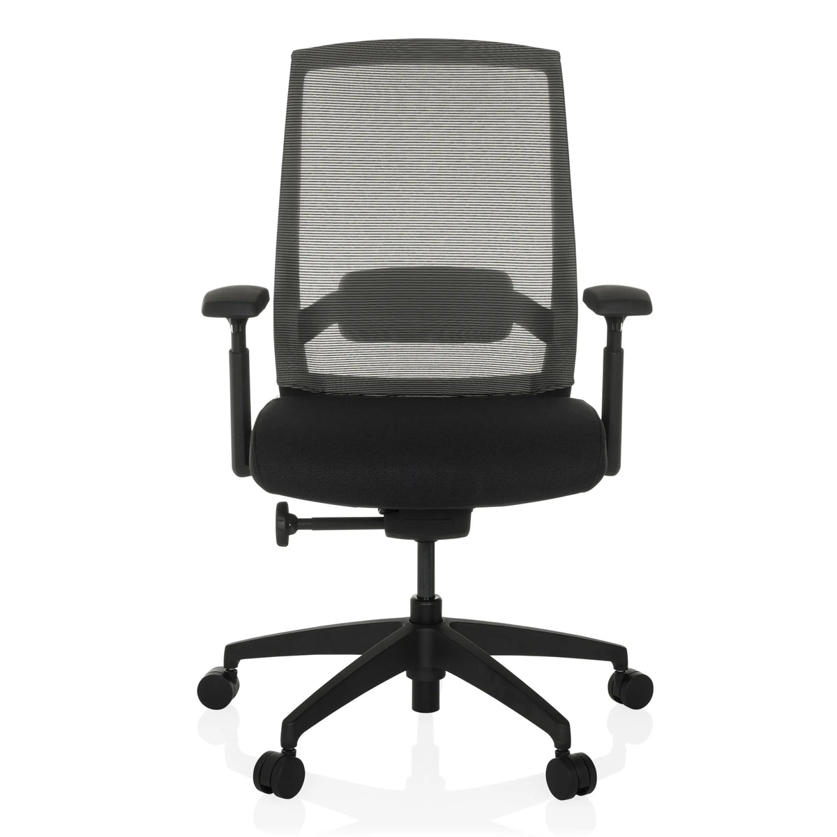 Silla de oficina profesional COLORE negra con respaldo de malla y base de cinco ruedas de hjh OFFICE – vista de 360° (vista frontal 0°)