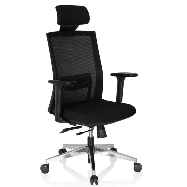 Sillón de oficina profesional CAPTIVA negro con respaldo de malla, reposacabezas y base de aluminio de hjh OFFICE