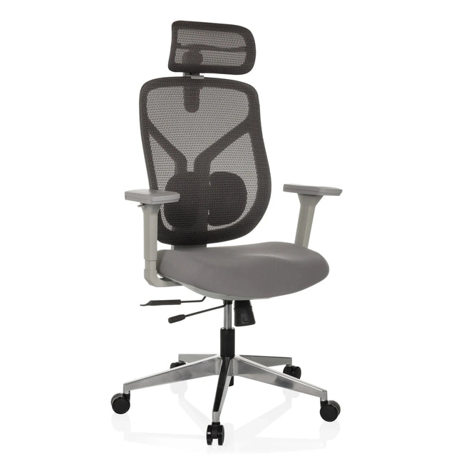 Silla alta gama CASSILIS W en gris con respaldo de malla y reposacabezas de hjh OFFICE