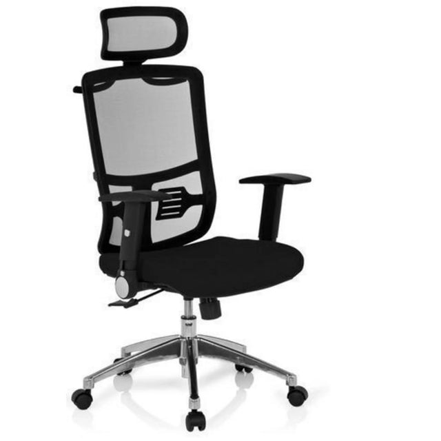 Silla de oficina profesional CAYEN con malla negra, reposacabezas y base plateada de hjh OFFICE