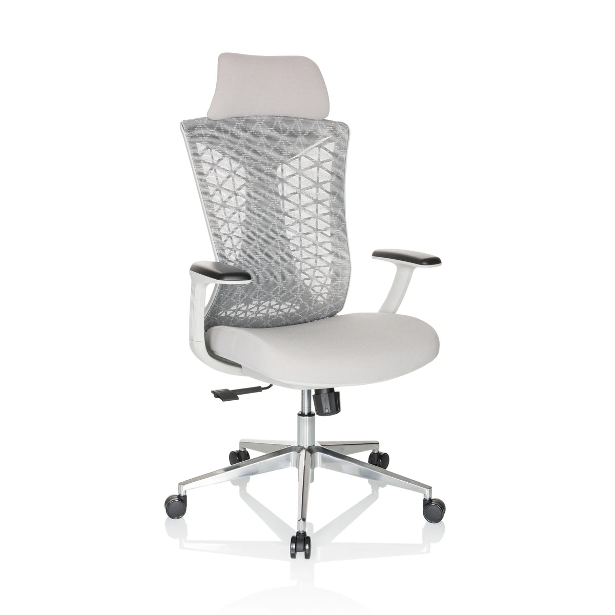 Silla de oficina profesional FALEO W gris con respaldo de malla y base de cinco ruedas de hjh OFFICE – vista de 360° (vista frontal en diagonal 30°)
