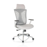 Silla de oficina profesional FALEO W gris con respaldo de malla y base de cinco ruedas de hjh OFFICE – vista de 360° (vista frontal en diagonal 30°)