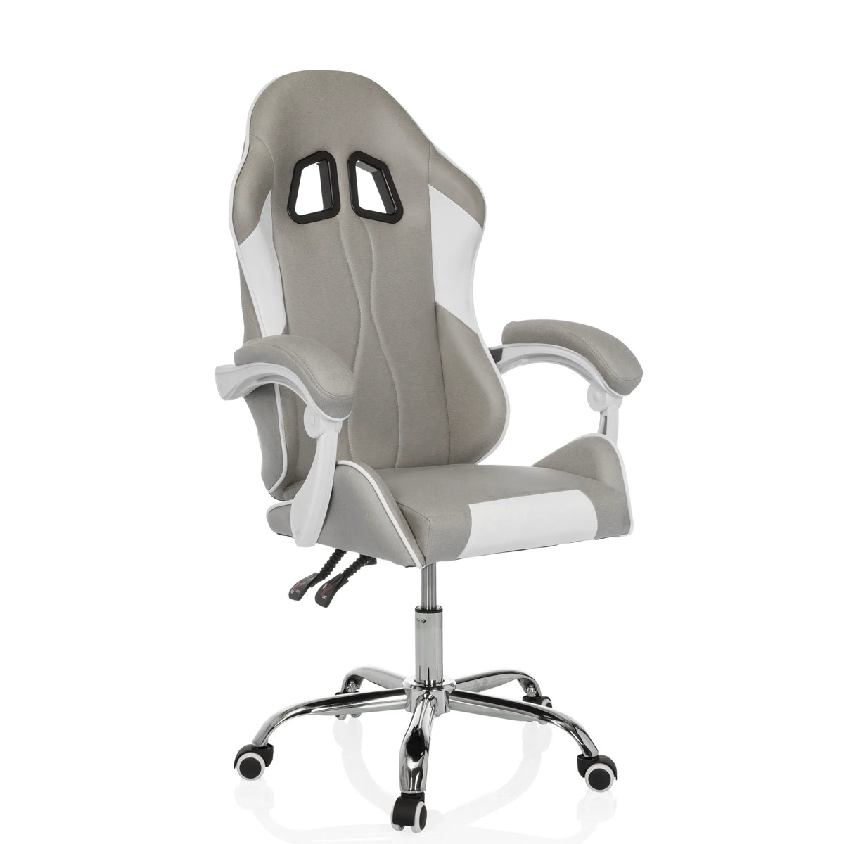 Silla gaming GAMEBREAKER W03 en color gris y blanco con dos aberturas para reposacabezas y base de cinco ruedas de MyBuero – vista de 360° (vista frontal en diagonal 30°)