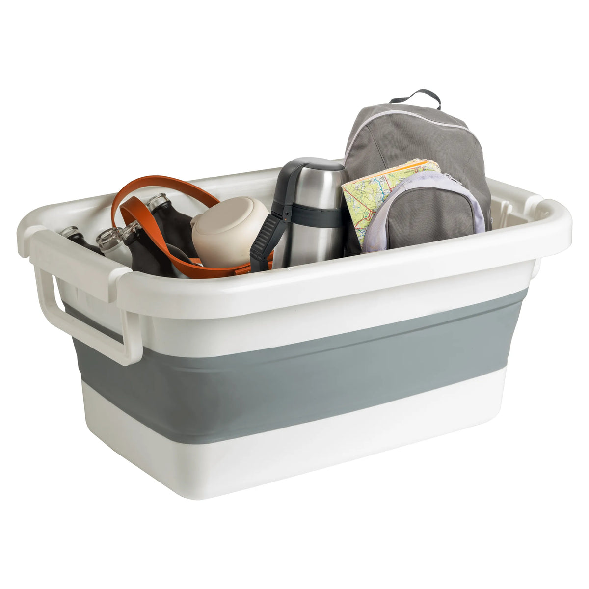 Contenedor plegable CLEAN SILW en blanco y gris con diversos utensilios y una mochila de hjh OFFICE