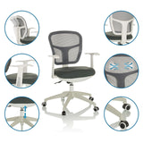 Silla Home Office TOP 108 W en gris con vistas detalladas del respaldo, los reposabrazos y el pistón de gas de hjh OFFICE