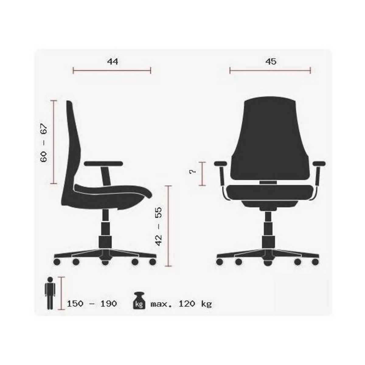Dibujo técnico de la Silla de oficina profesional ERGO SYDNEY con una capacidad de carga máxima de 120 kg de Topstar