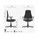 Dibujo técnico de la Silla de oficina profesional ERGO SYDNEY con una capacidad de carga máxima de 120 kg de Topstar