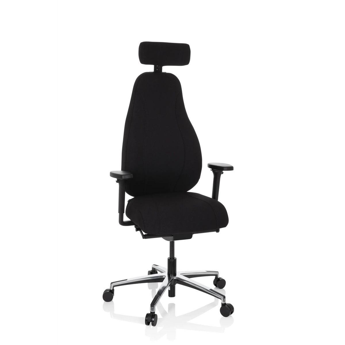 Silla alta gama RESISTIO negra con reposacabezas y base de cinco ruedas de hjh OFFICE – vista de 360° (vista frontal 20°)