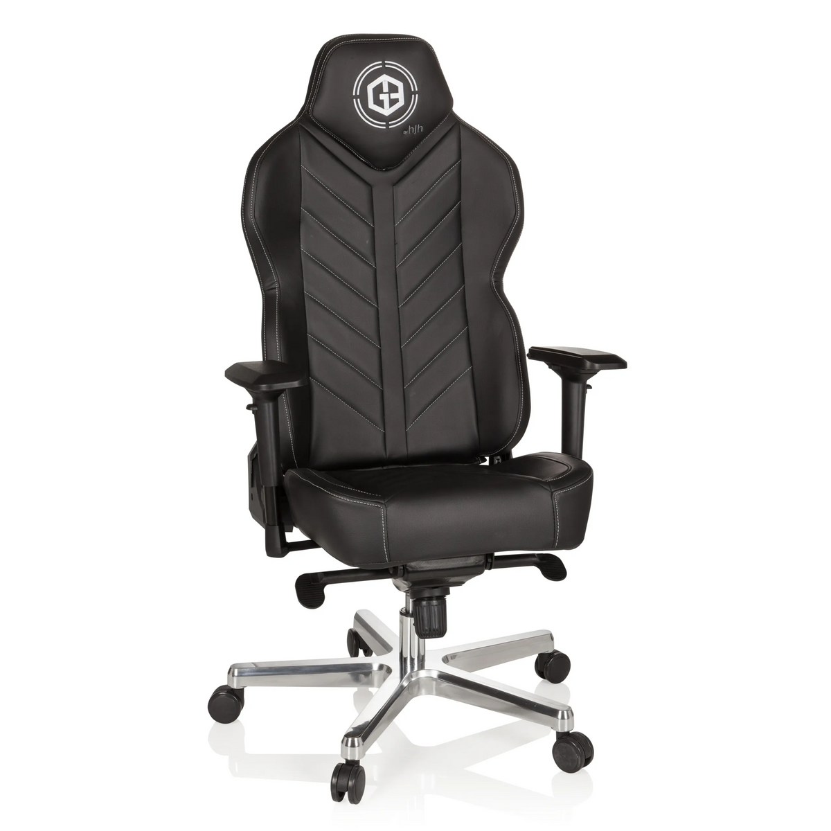Silla gaming GAMEBREAKER COLOSSUS negra con reposabrazos y base brillante de cinco ruedas de hjh OFFICE – vista de 360° (vista frontal 20°)