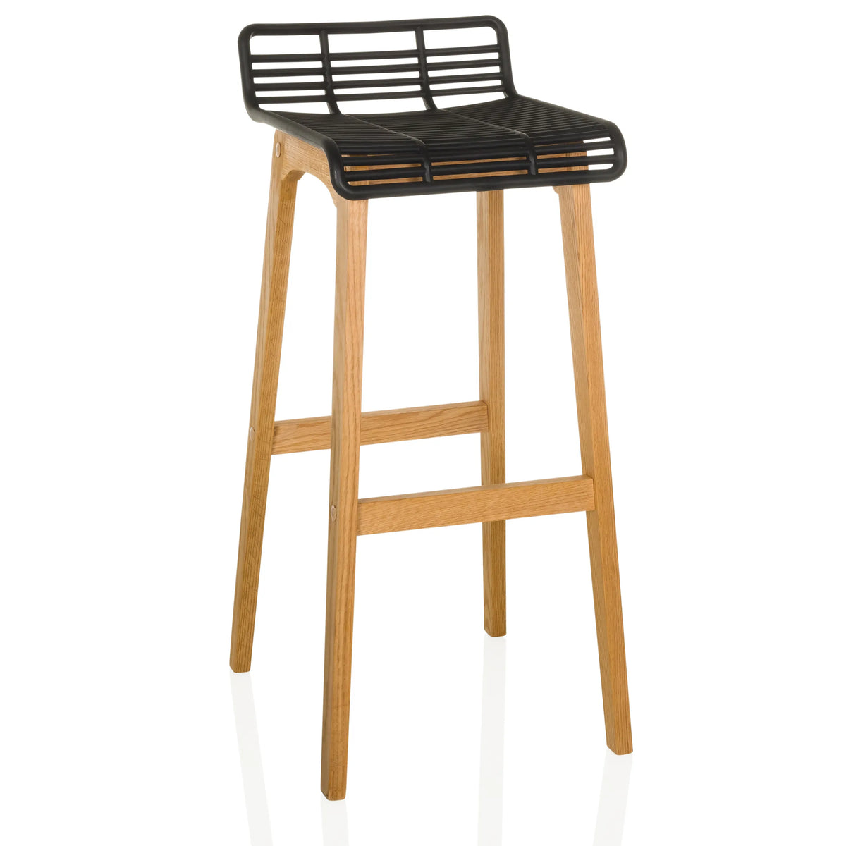 taburete de bar LONSO W con asiento negro y estructura de madera de roble de hjh OFFICE – vista de 360° (vista frontal 15°)