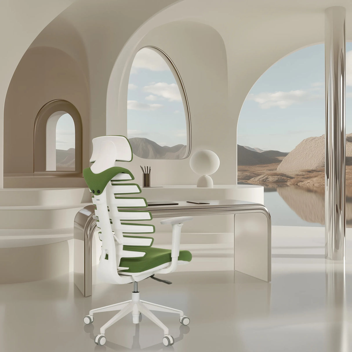 Silla de oficina profesional ERGO LINE W en color Mystic Forest con estructura blanca de hjh OFFICE