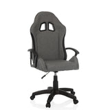 Grauer Gamingstuhl GAMEBREAKER W01 mit zwei Kopfstützenausschnitten und Fußkreuz mit fünf Rollen von MyBuero – 360-Grad-Ansicht (Frontansicht 15°)
