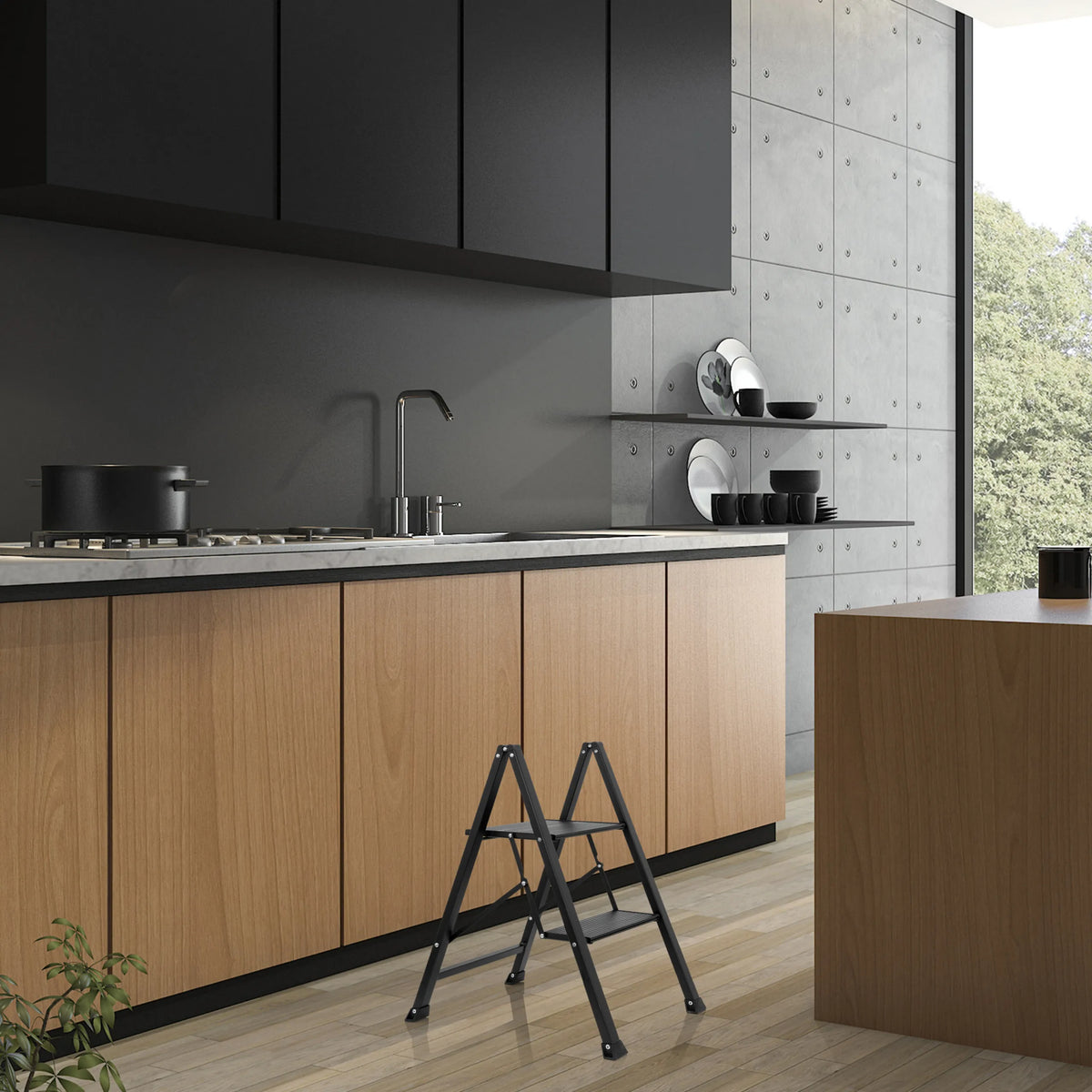 Escalera plegable negra SOLID W5 con dos peldaños en una cocina de hjh OFFICE