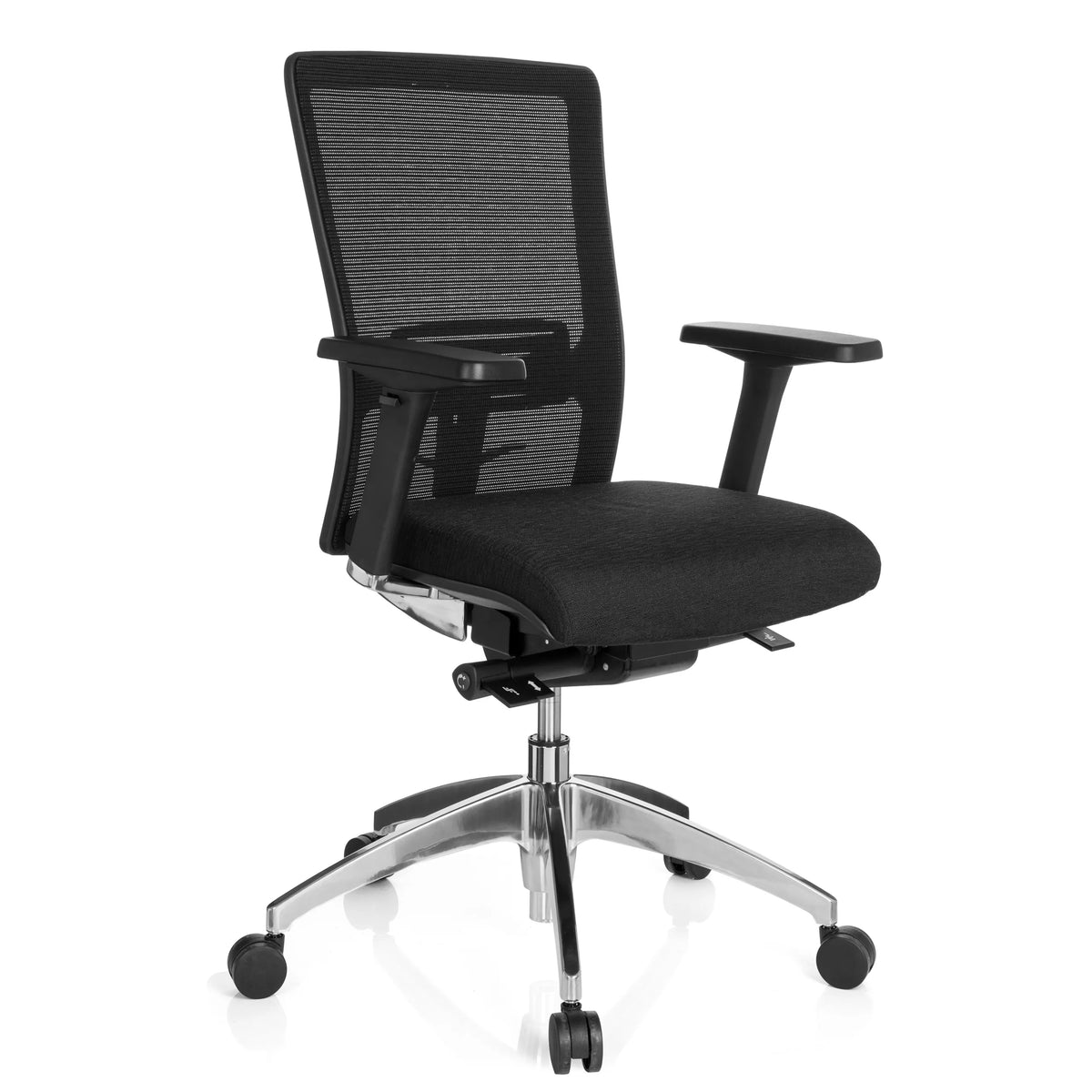 Silla de oficina profesional ASTRA BASE N negra con respaldo de malla y base brillante de cinco ruedas de hjh OFFICE – vista de 360° (vista frontal en diagonal 40°)