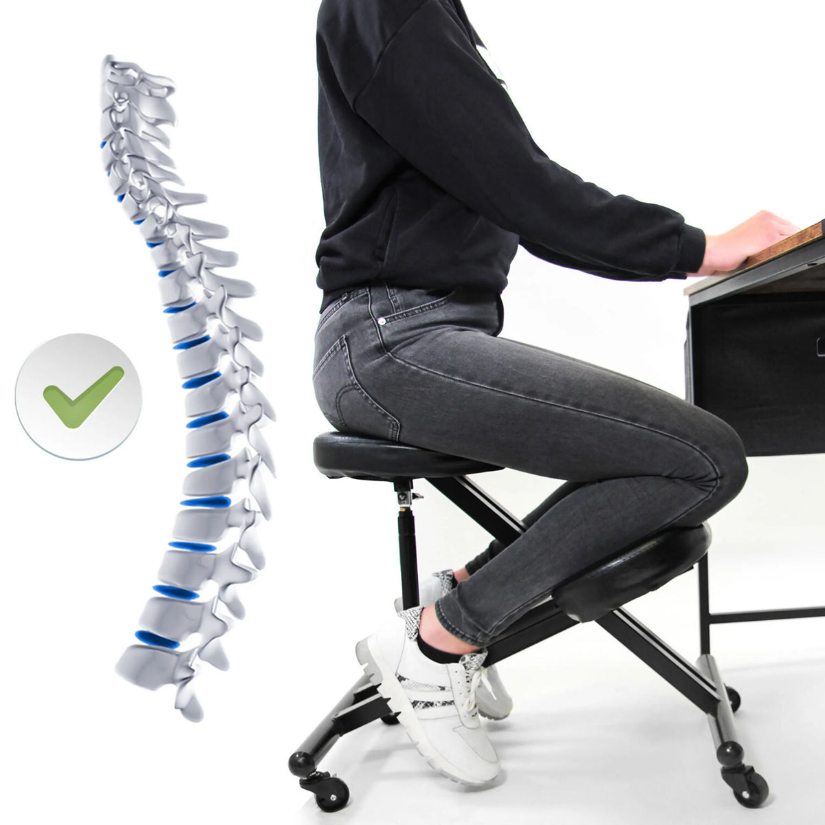 Silla ergonómica de rodillas ORTHONI en negro con una representación esquemática de la columna vertebral de hjh OFFICE