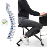 Silla ergonómica de rodillas ORTHONI en negro con una representación esquemática de la columna vertebral de hjh OFFICE