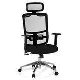 Silla de oficina profesional CAYEN negra con respaldo de malla, reposacabezas y base de cinco ruedas de hjh OFFICE – vista de 360° (vista frontal 20°)