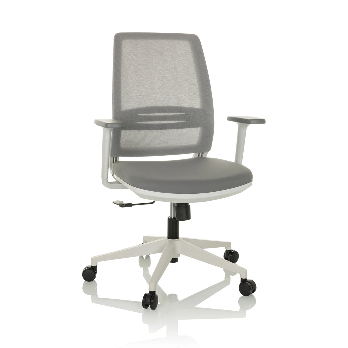 Silla Home Office PROFONDO ECO W gris con respaldo de malla y base de cinco ruedas de hjh OFFICE – vista de 360° (vista frontal 15°)