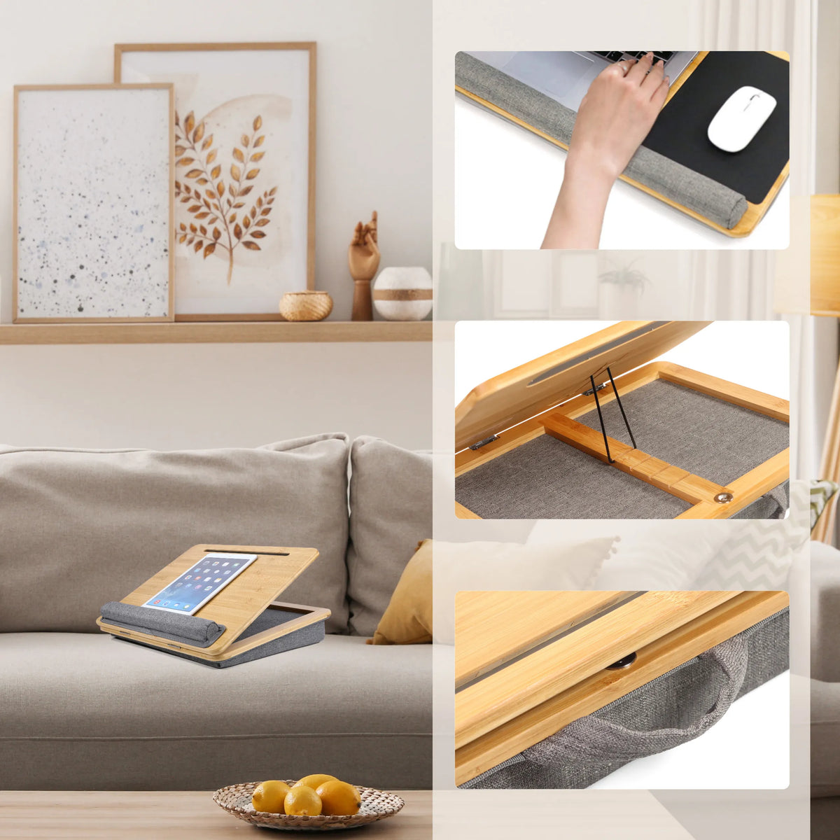 Soporte para portátil COMFILAP III en marrón y gris con superficie para ratón integrada y soporte para tablet de hjh OFFICE