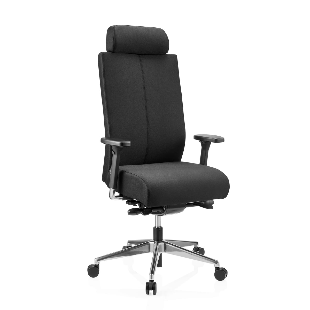 Silla de oficina profesional PRO-TEC XXL negra con tapizado de tela, reposacabezas y base de cinco ruedas de hjh OFFICE – vista de 360° (vista frontal en diagonal 30°)
