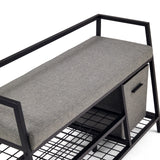 Asiento gris y compartimento de almacenaje del armario zapatero Estha Loft con estructura metálica negra de hjh LIVING