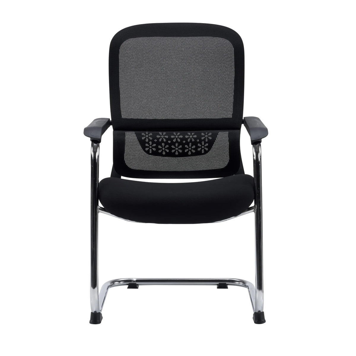 Silla de viga voladiza Ergomy Meet negra con respaldo de malla, reposabrazos y estructura cromada de hjh OFFICE – vista de 360° (vista frontal 0°)