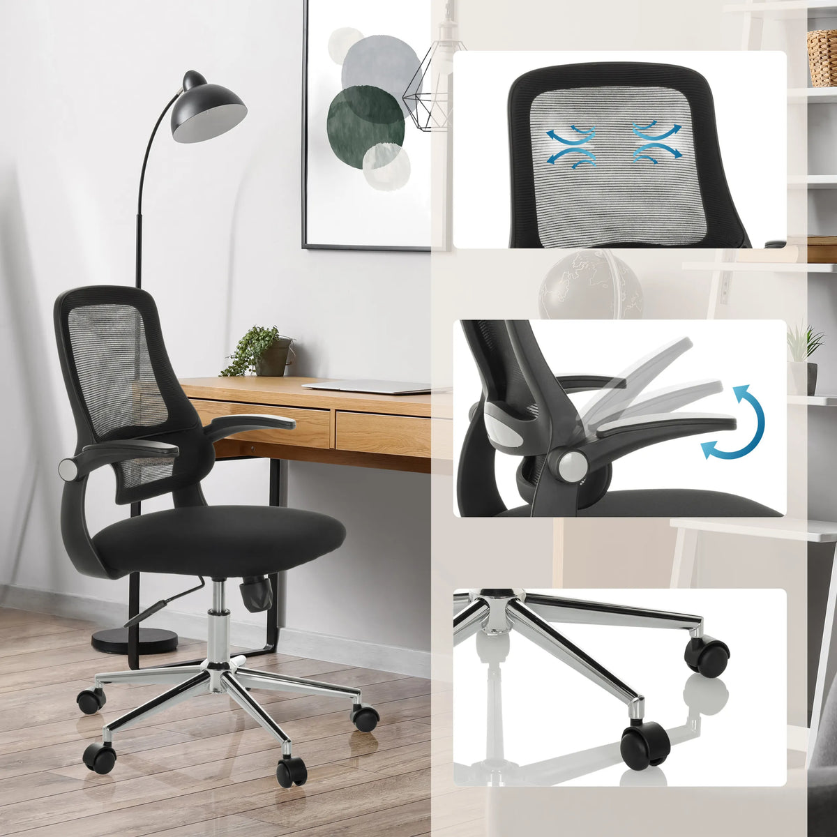 Silla Home Office MIKO B ECO negra con respaldo de malla, reposabrazos ajustables y ruedas de hjh OFFICE