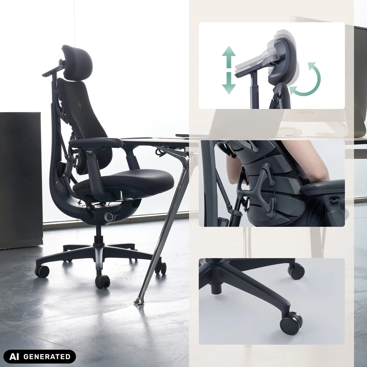 Silla alta gama LiberNovo Omni con reposacabezas ajustable y base con ruedas de Libernovo (imagen generada por IA)