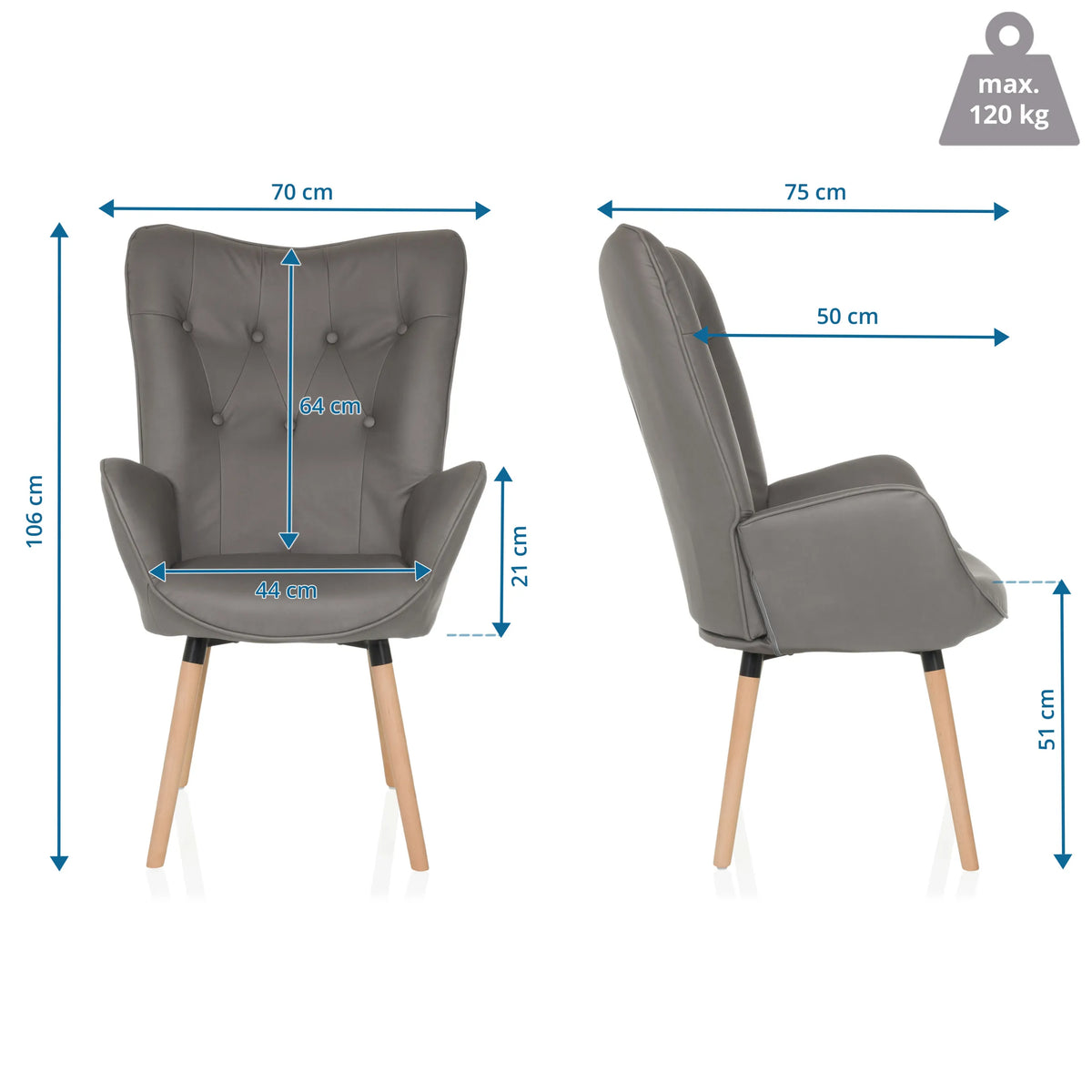 Dibujo dimensional del sillón tapizada HAVENIO I con una altura total de 106 cm y una anchura de 70 cm de hjh LIVING