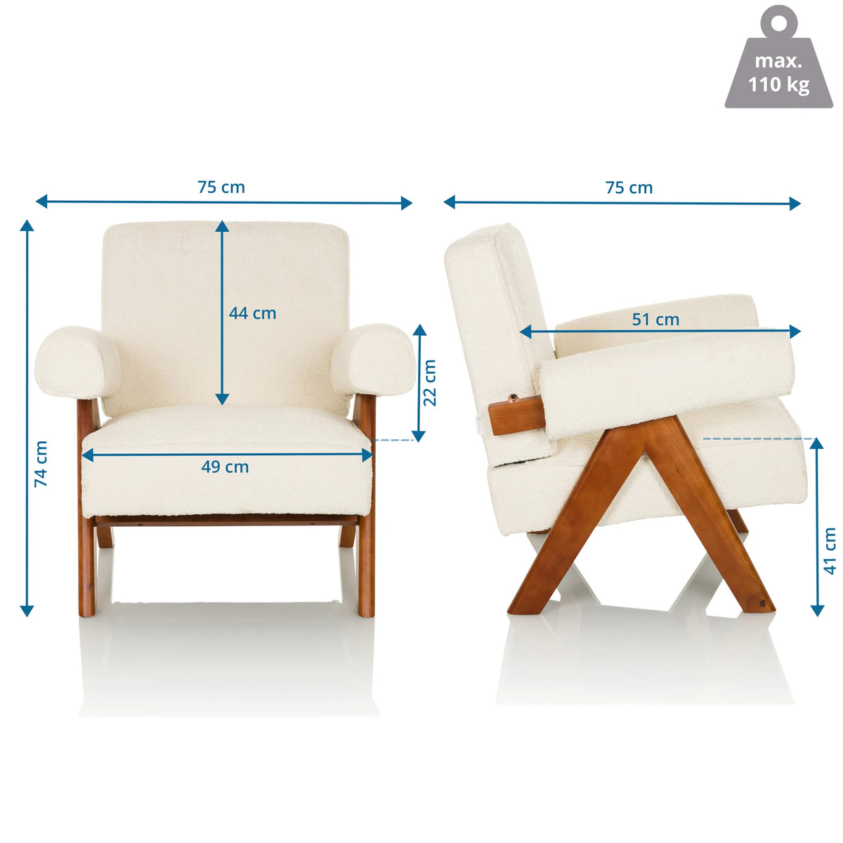 Dibujo dimensional del Sillón de diseño POOLY con una anchura de 75 cm y una altura de 74 cm de hjh LIVING
