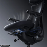 Mecanismo del asiento de la silla de oficina LiberNovo Maxis Airflow en grafito con representación gráfica del flujo de aire de Libernovo